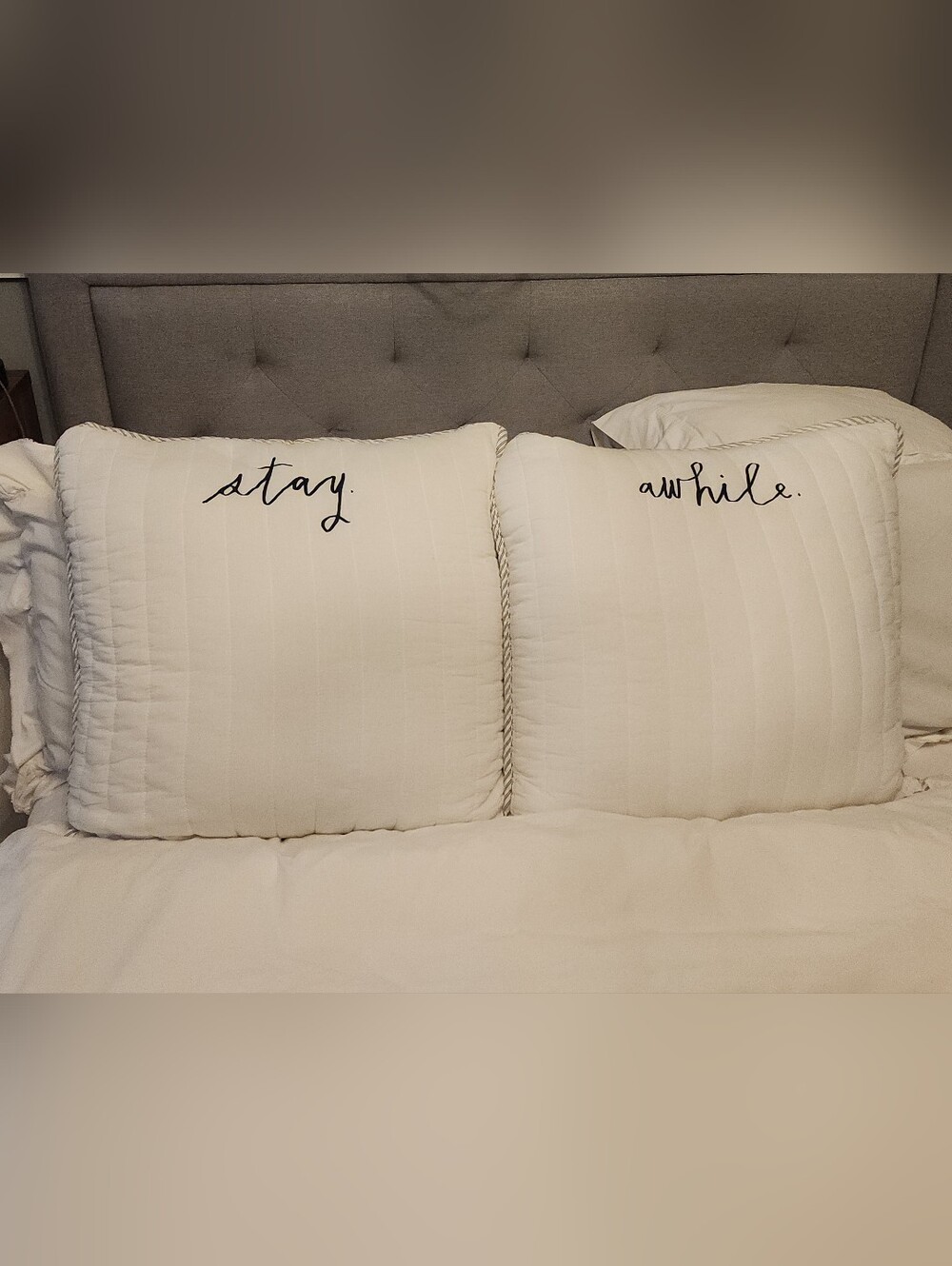 Rae Dunn Embroidered "Stay Awhile" White Euro Sham Pillow Covers Tie Back Cotton
